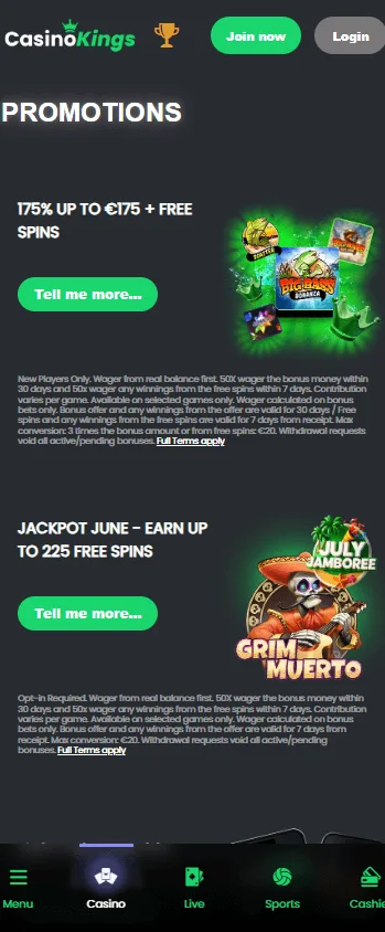King Casino promotions interface on mobile