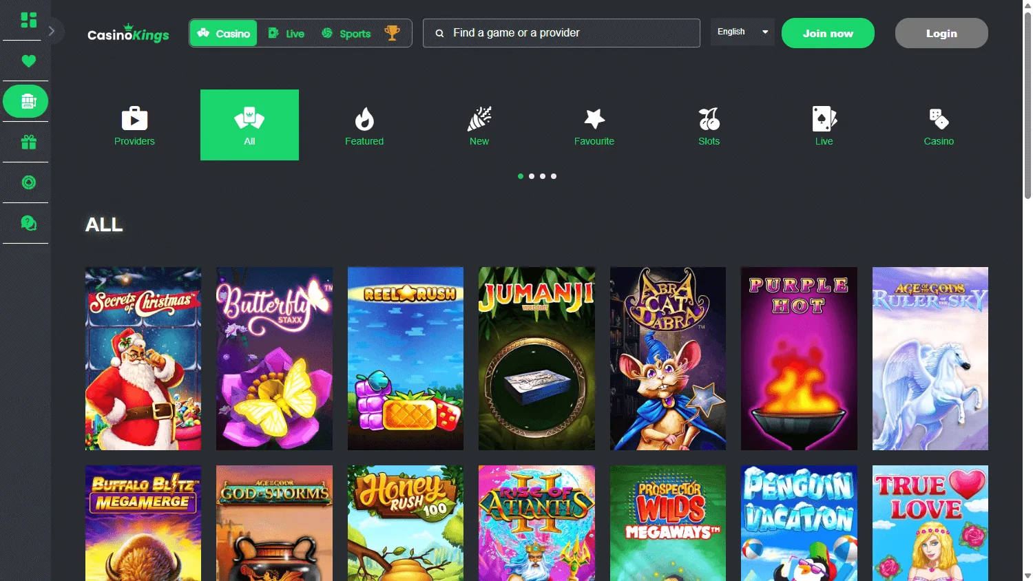 King Casino games interface on desktop