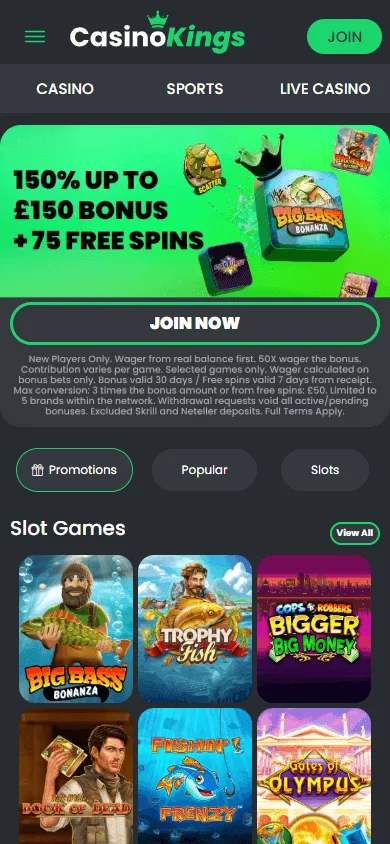 King Casino home interface on mobile
