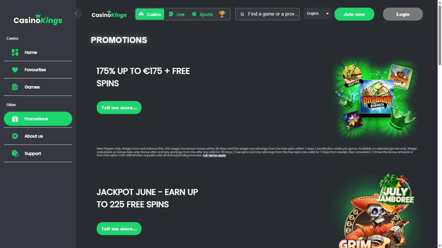 King Casino promotions interface on desktop