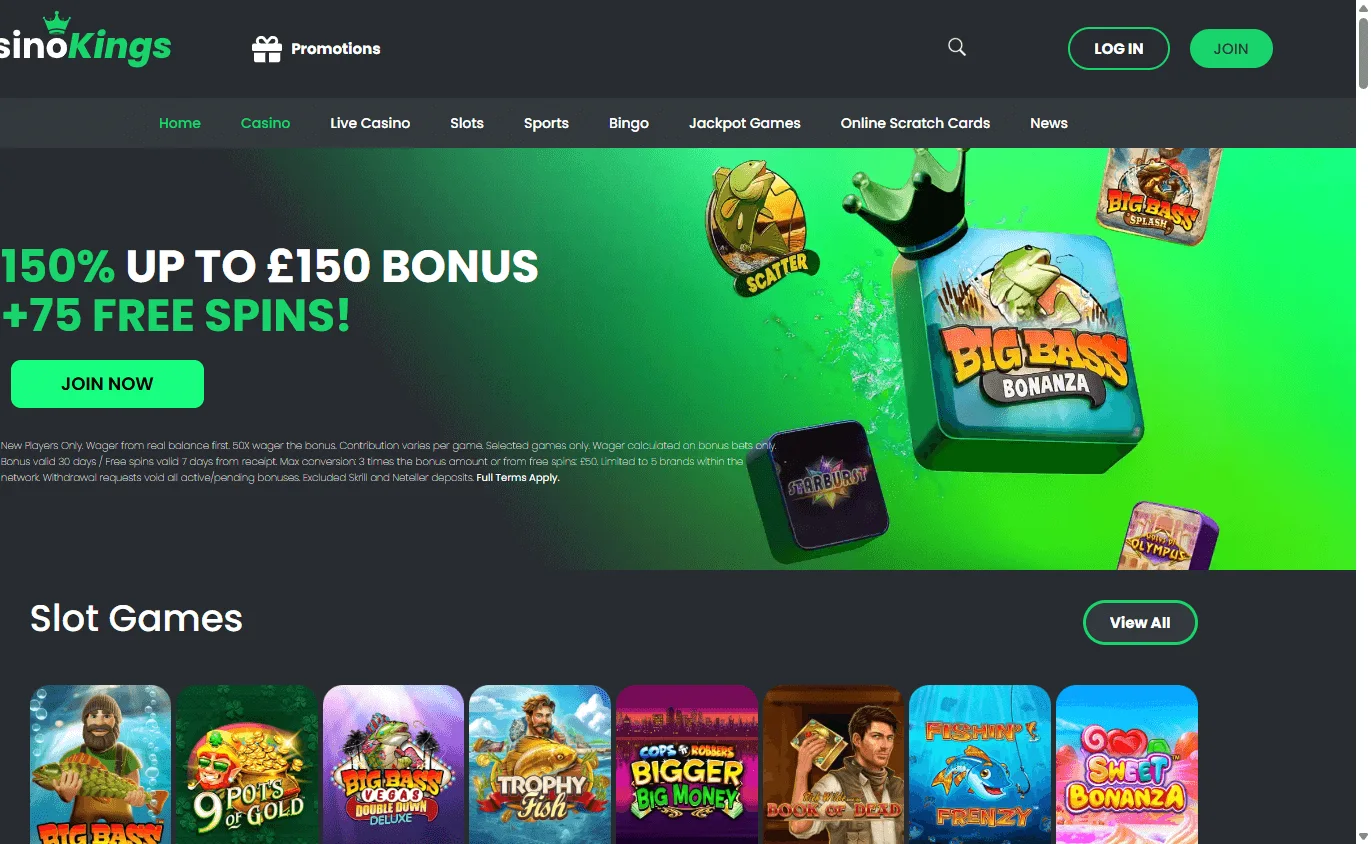 King Casino home interface on desktop