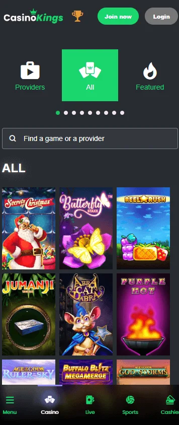 King Casino games interface on mobile